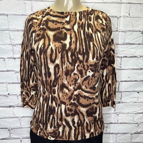 Talbots Womens Tan and Cream 3/4 Sleeve Merino Wool Animal Prints Sweater Small - Picture 1 of 5